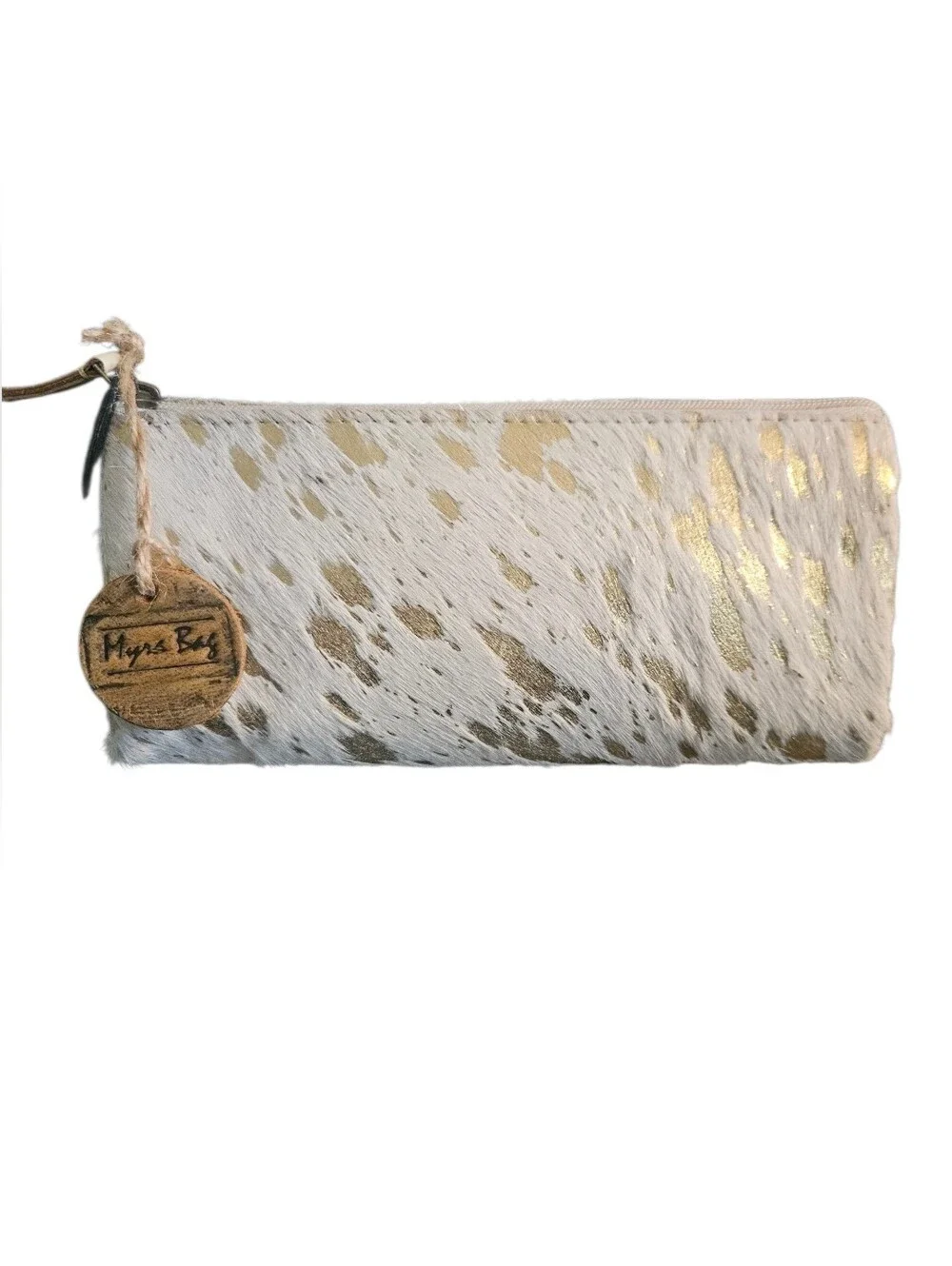 Myra Bag Stardust Leather White & Gold Hair-On Zip Pouch NEW